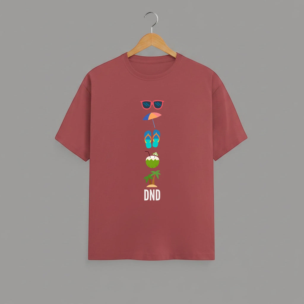 Vacation Inspired DND graphic t-shirt on BRICK RED unisex 100% cotton crew neck, playful vacation-inspired graphic print on front, beach summer design, DTG print 300 DPI, 180 GSM breathable soft fabric