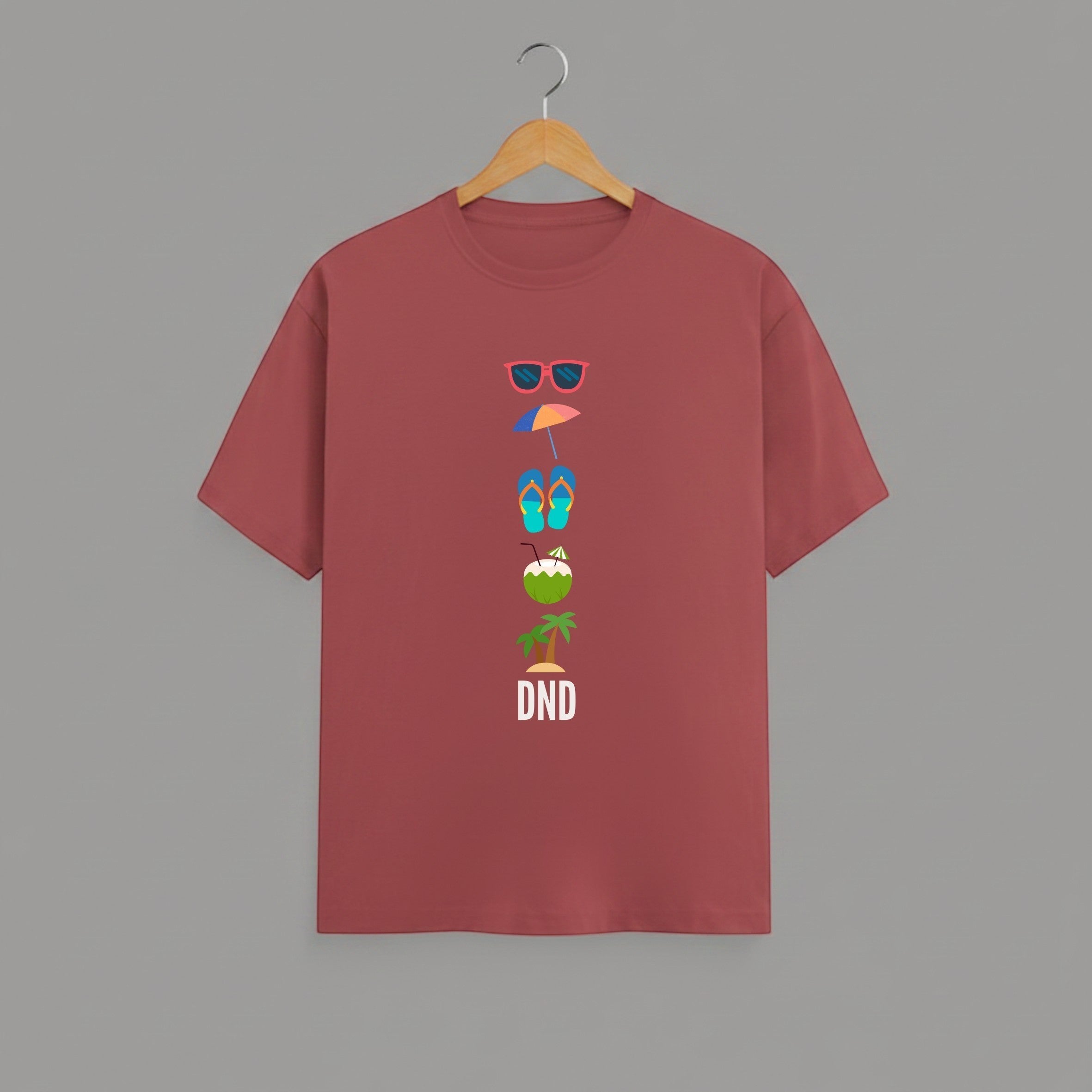 Vacation Inspired DND graphic t-shirt on BRICK RED unisex 100% cotton crew neck, playful vacation-inspired graphic print on front, beach summer design, DTG print 300 DPI, 180 GSM breathable soft fabric
