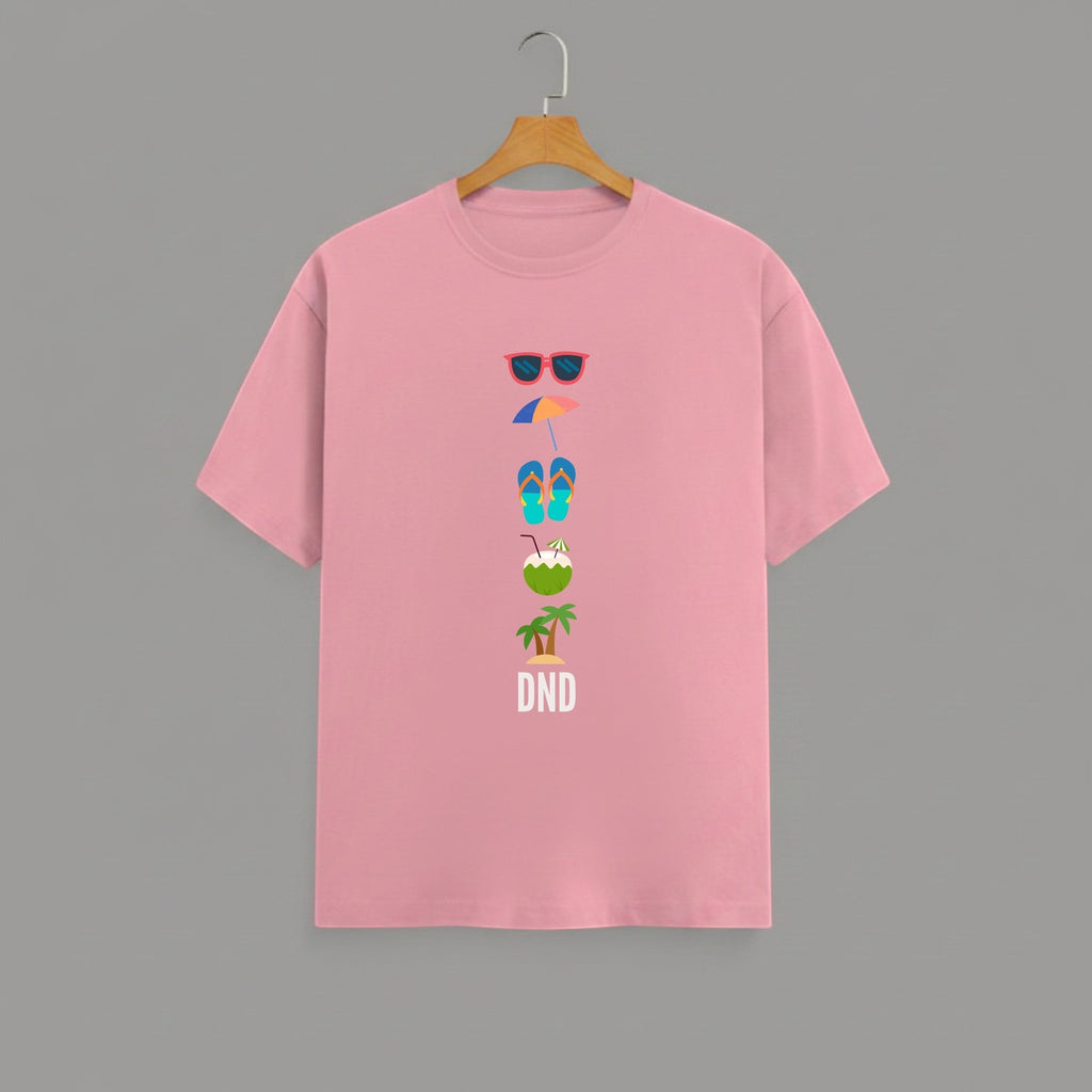 Vacation Inspired DND graphic t-shirt on FLAMINGO unisex 100% cotton crew neck, playful vacation-inspired graphic print on front, beach summer design, DTG print 300 DPI, 180 GSM breathable soft fabric