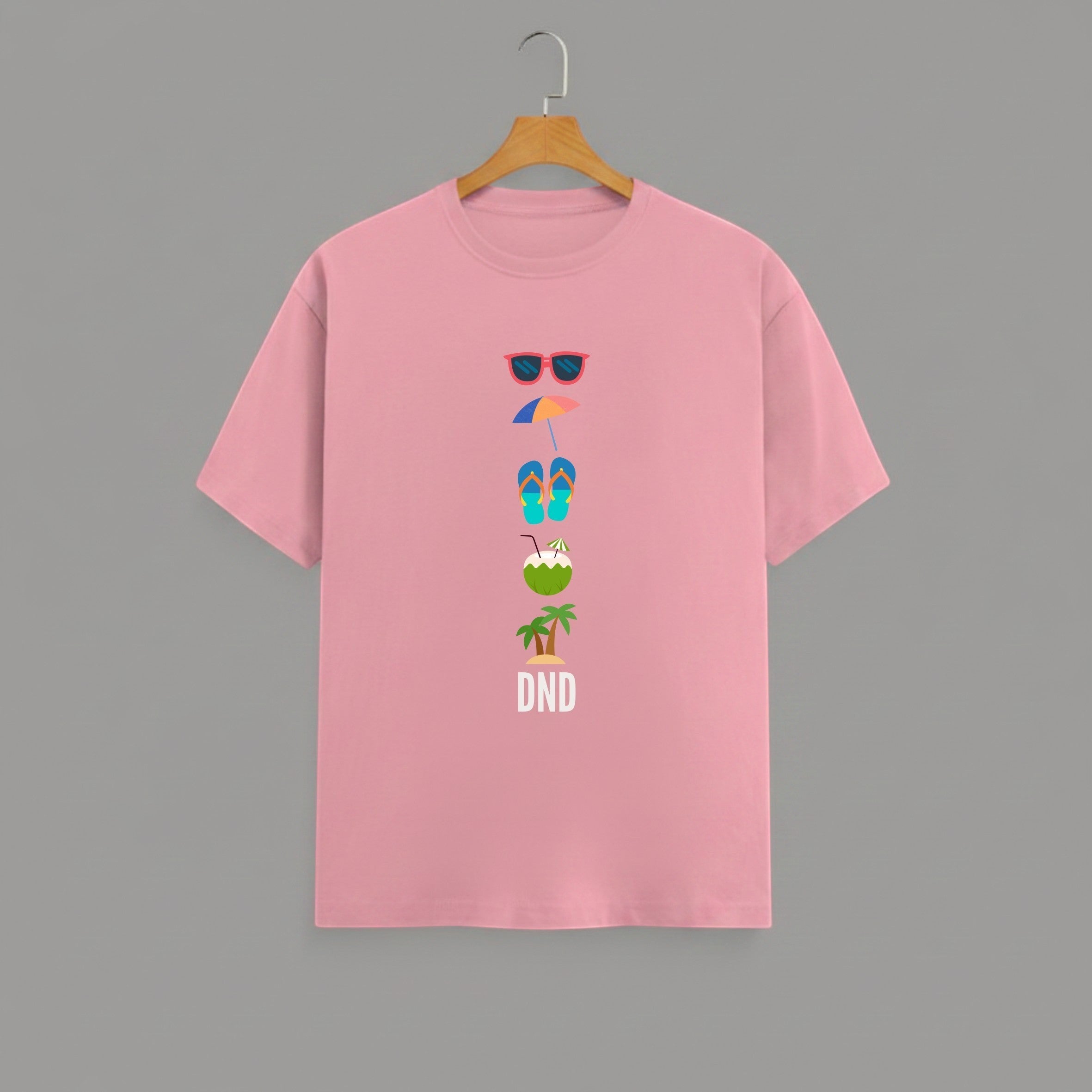 Vacation Inspired DND graphic t-shirt on FLAMINGO unisex 100% cotton crew neck, playful vacation-inspired graphic print on front, beach summer design, DTG print 300 DPI, 180 GSM breathable soft fabric