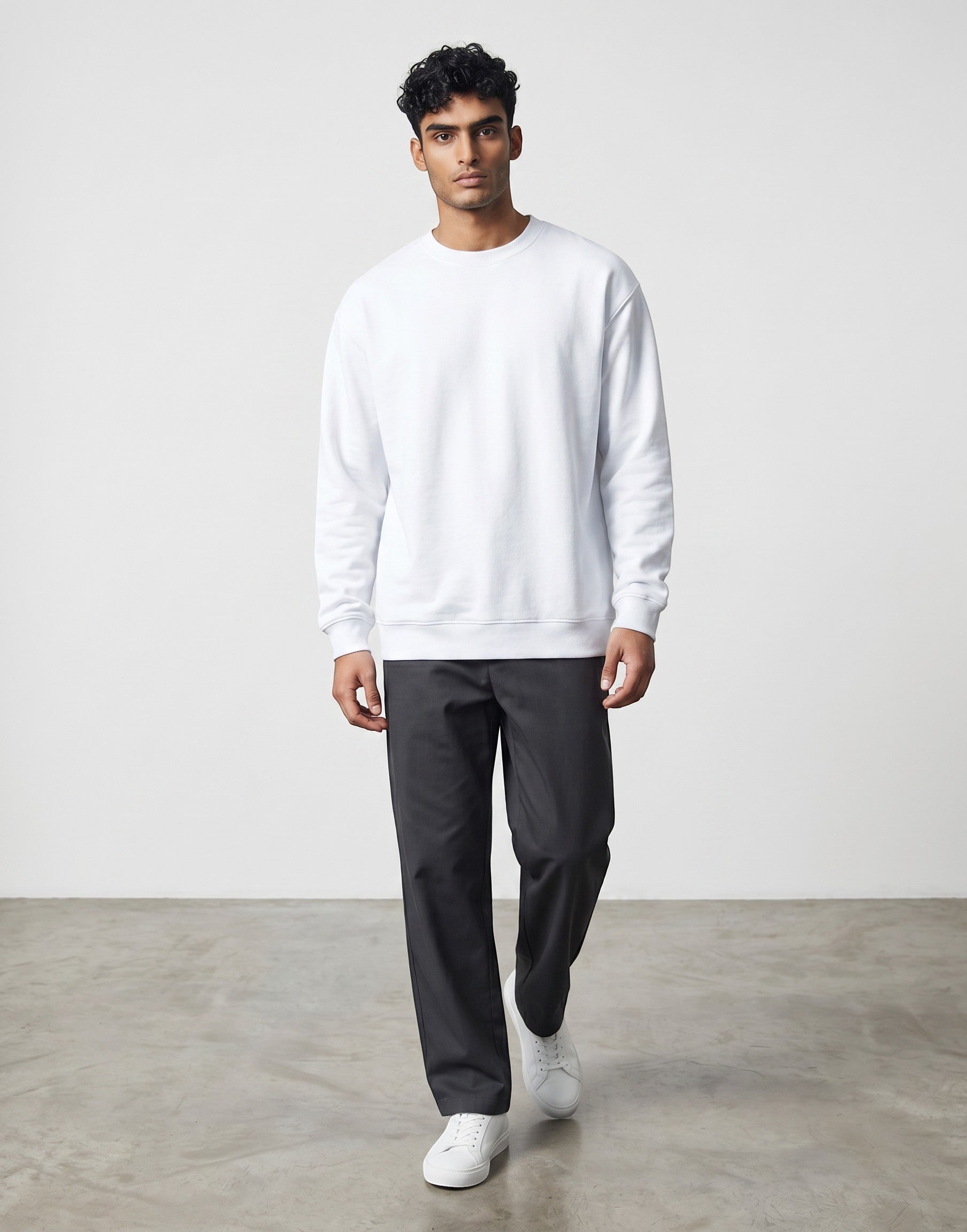 White Oversized Sweatshirt on WHITE unisex soft high-quality cotton blend crew neck, relaxed roomy fit contemporary silhouette, clean minimalist white design wardrobe staple, ribbed cuffs hem secure structured, classic crew neckline, oversized fit modern look, gender-neutral versatile design, durable ribbed crew neck