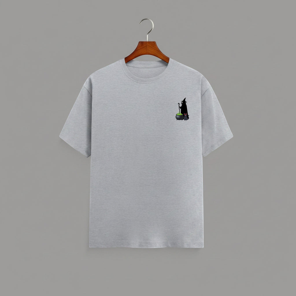Witch Cauldron graphic t-shirt on GREY unisex 100% cotton crew neck, subtle charming witch and cauldron graphic on chest, unique eye-catching magic detail, DTG print 300 DPI, 180 GSM breathable soft fabric
